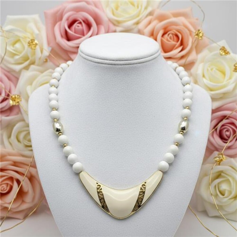 Vintage White Enamel Crescent Statement Necklace, Gold Tone Filigree Bib Pendant